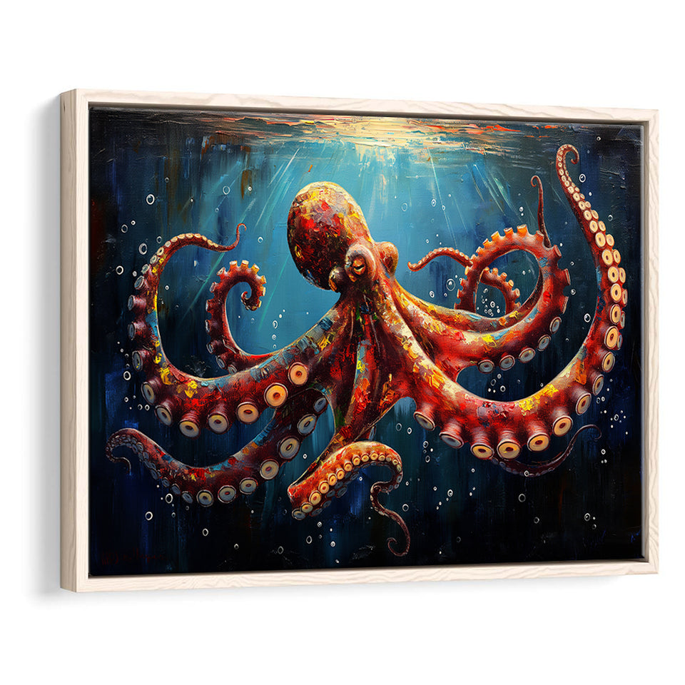 Red And Brown Octopus In The Blue Sea Ocean Acrylic, Floating Frame, Framed Canvas Print Wall Art Home Decor