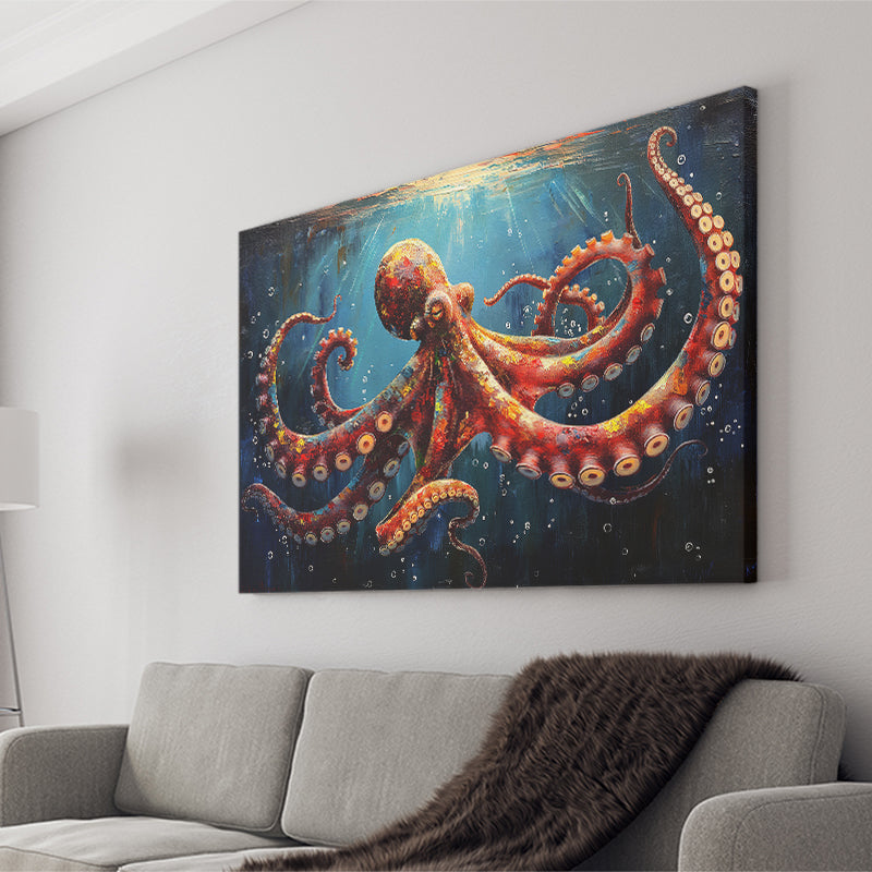Red And Brown Octopus In The Blue Sea Ocean Acrylic, Art Print, Canvas Print Wall Art Home Decor