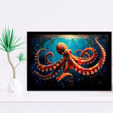 Red And Brown Octopus In The Blue Sea Ocean Acrylic, Painting Art, Framed Art Print Wall Art Home Decor