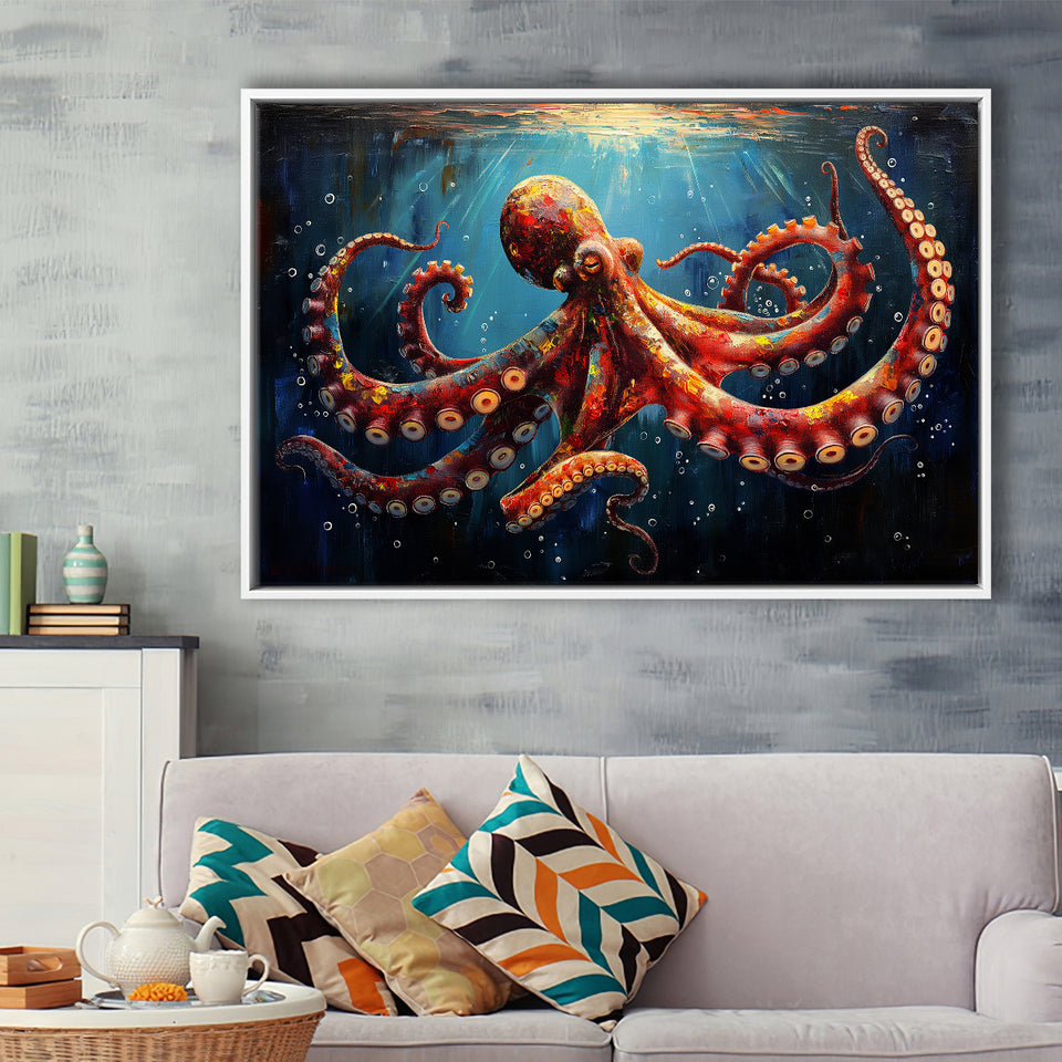 Red And Brown Octopus In The Blue Sea Ocean Acrylic, Floating Frame, Framed Canvas Print Wall Art Home Decor