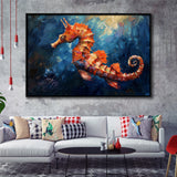 Seahorse In The Blue Sea Ocean Acrylic Painting, Floating Frame, Framed Canvas Print Wall Art Home Decor
