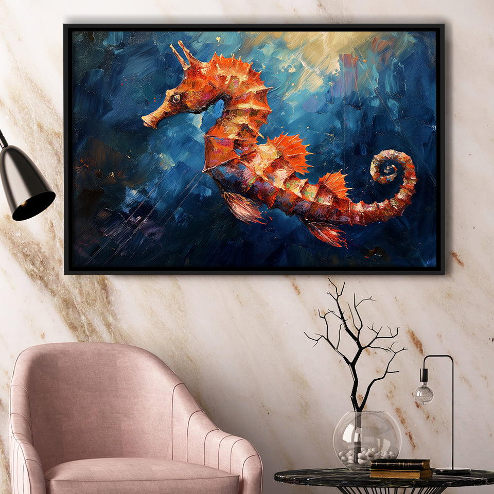 Seahorse In The Blue Sea Ocean Acrylic Painting, Floating Frame, Framed Canvas Print Wall Art Home Decor