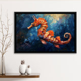 Seahorse In The Blue Sea Ocean Acrylic Painting, Floating Frame, Framed Canvas Print Wall Art Home Decor