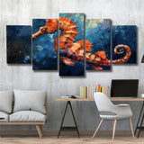 Seahorse In The Blue Sea Ocean Acrylic Painting, Multi Panel,Mixed Canvas Print Wall Art Decor