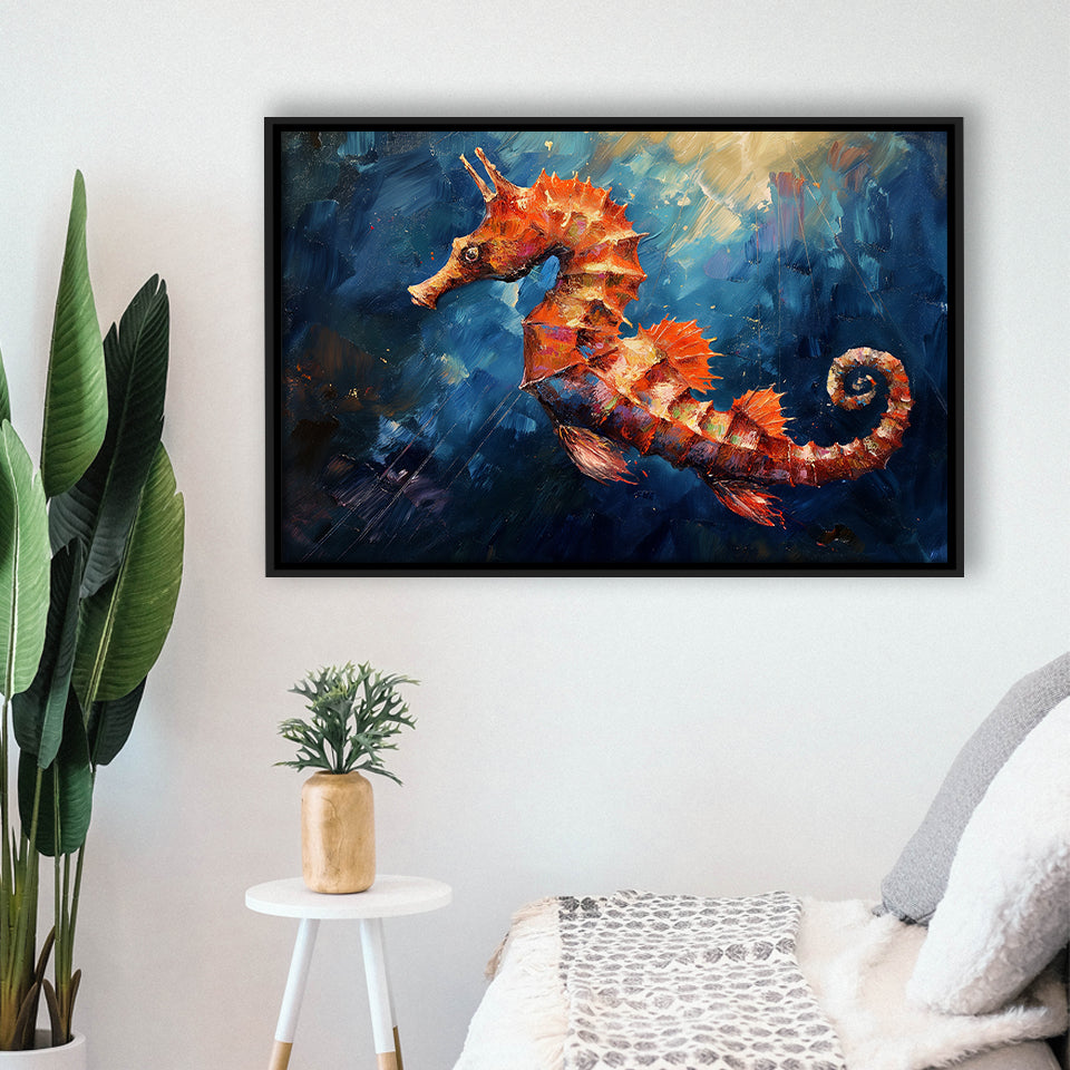 Seahorse In The Blue Sea Ocean Acrylic Painting, Floating Frame, Framed Canvas Print Wall Art Home Decor
