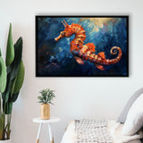 Seahorse In The Blue Sea Ocean Acrylic Painting, Floating Frame, Framed Canvas Print Wall Art Home Decor