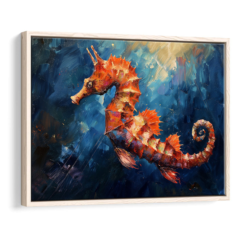 Seahorse In The Blue Sea Ocean Acrylic Painting, Floating Frame, Framed Canvas Print Wall Art Home Decor