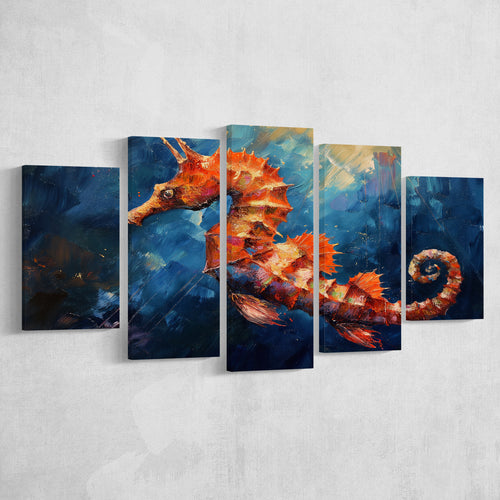 Seahorse In The Blue Sea Ocean Acrylic Painting, Multi Panel,Mixed Canvas Print Wall Art Decor