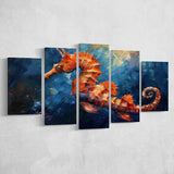 Seahorse In The Blue Sea Ocean Acrylic Painting, Multi Panel,Mixed Canvas Print Wall Art Decor