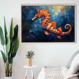 Seahorse In The Blue Sea Ocean Acrylic Painting, Floating Frame, Framed Canvas Print Wall Art Home Decor