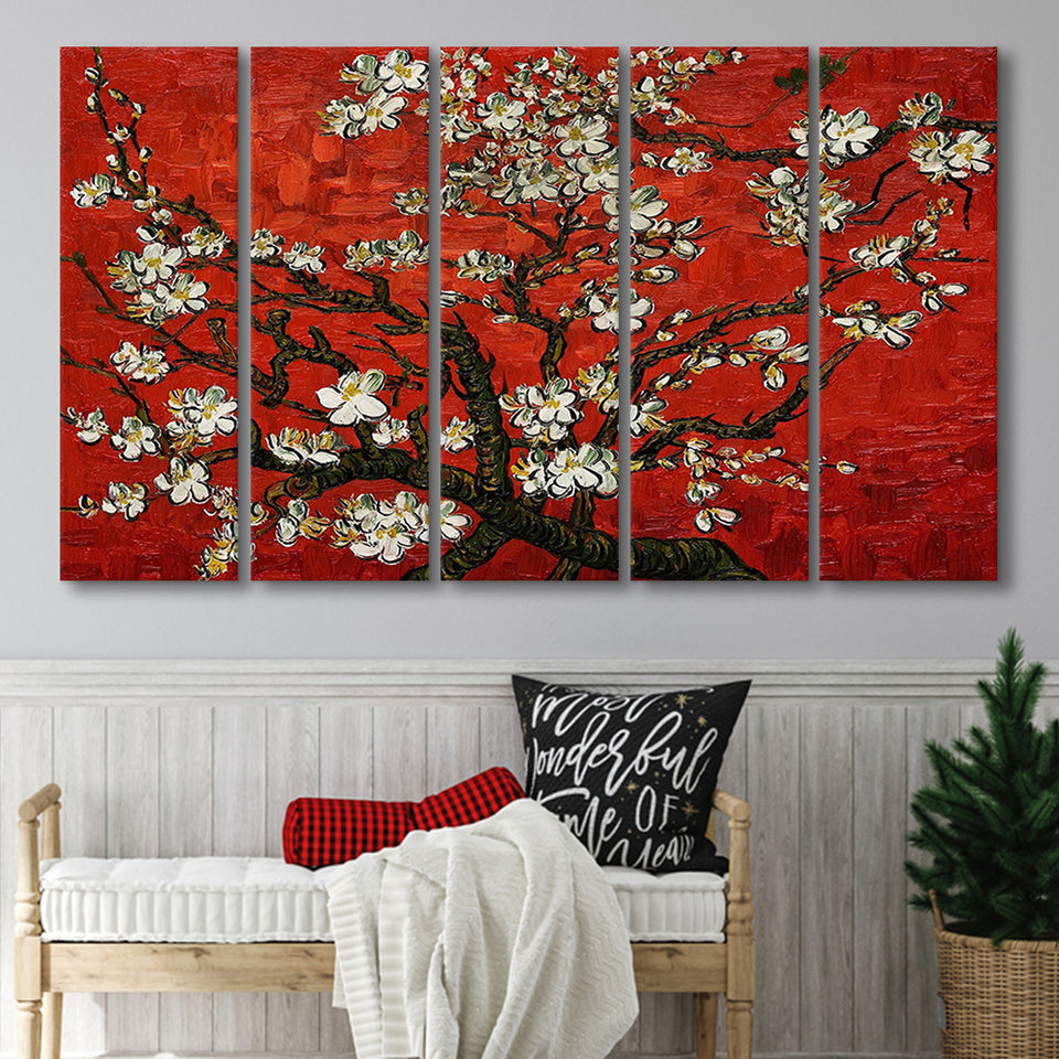 Red Style Almond Blossom By Vincent Van Gogh, Extra Large Multi 5 Panel Canvas Print Wall Art Decor