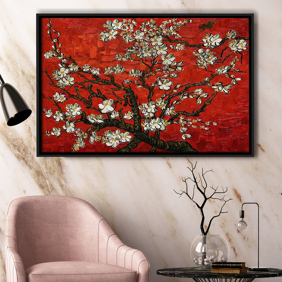 Red Style Almond Blossom By Vincent Van Gogh, Framed Canvas Print Wall Art Decor,Floating Frame