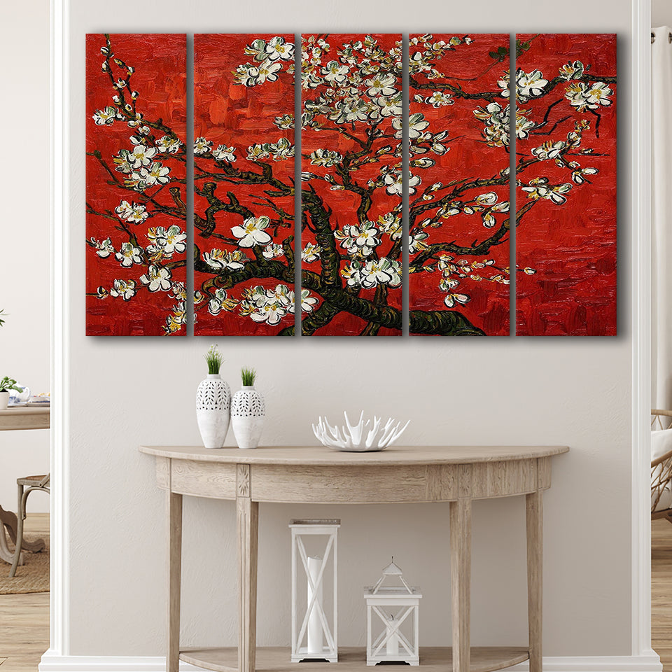 Red Style Almond Blossom By Vincent Van Gogh, Extra Large Multi 5 Panel Canvas Print Wall Art Decor