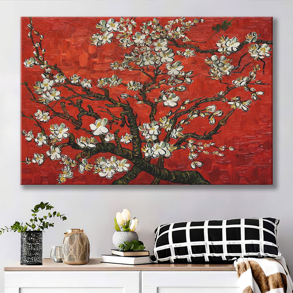 Red Style Almond Blossom by Vincent Van Gogh, Canvas Print Wall Art Decor, Landscape Art Print