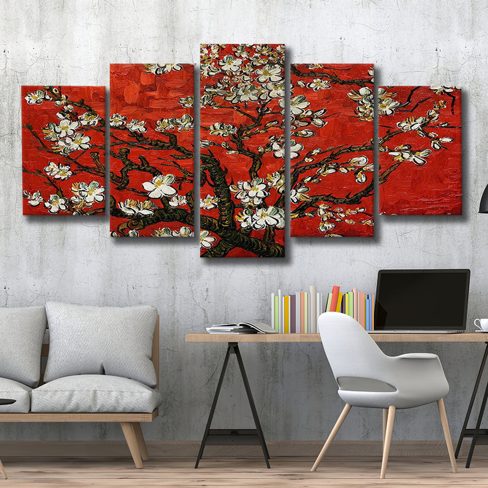 Red Style Almond Blossom By Vincent Van Gogh, Multi Panel Canvas Print Wall Art Decor, 5 Mixed Panel