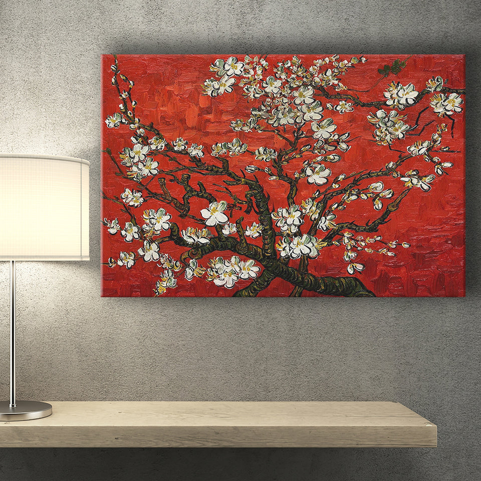 Red Style Almond Blossom by Vincent Van Gogh, Canvas Print Wall Art Decor, Landscape Art Print
