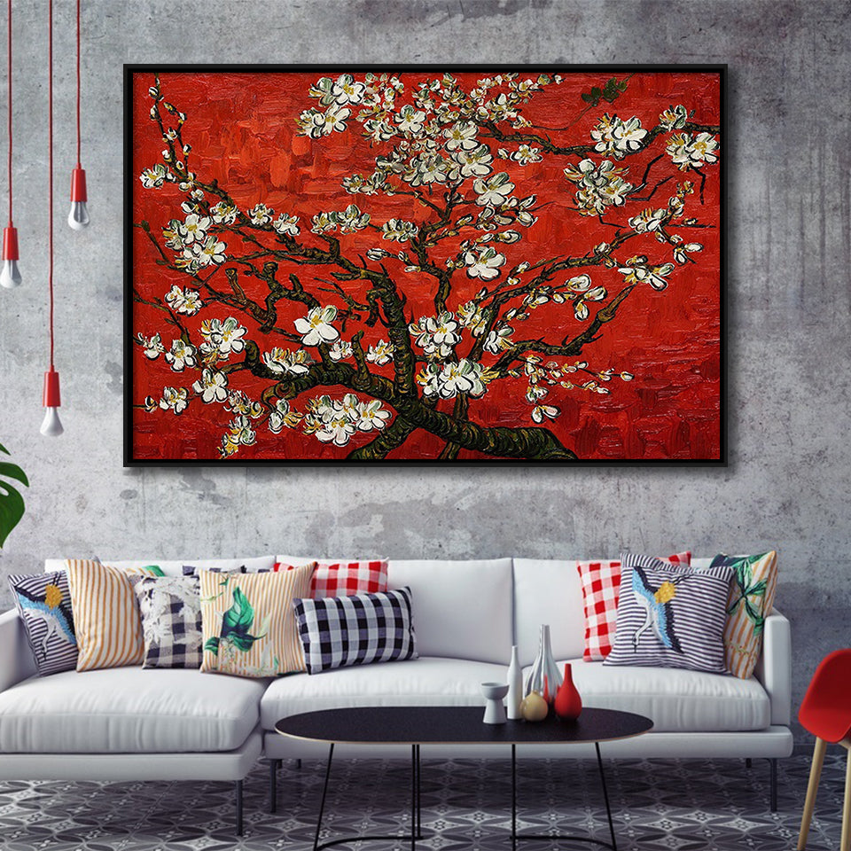 Red Style Almond Blossom By Vincent Van Gogh, Framed Canvas Print Wall Art Decor,Floating Frame
