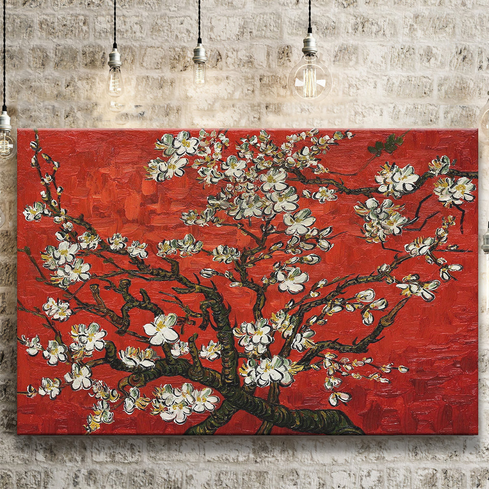 Red Style Almond Blossom by Vincent Van Gogh, Canvas Print Wall Art Decor, Landscape Art Print
