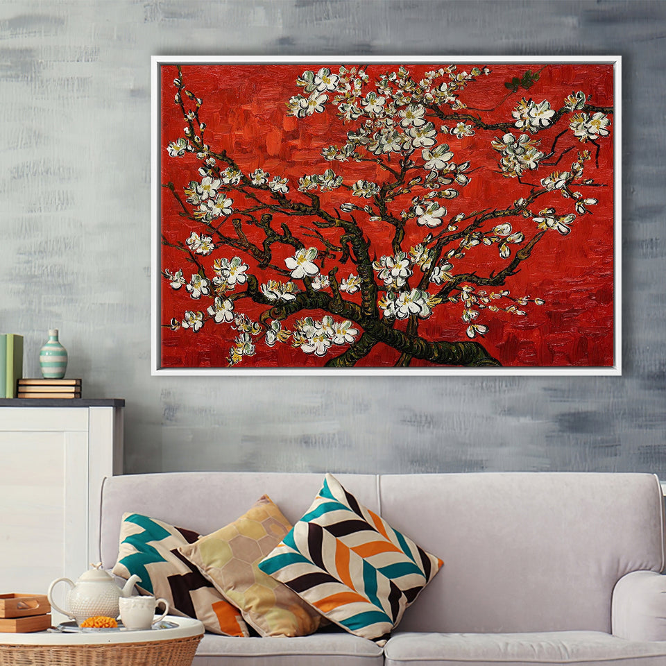 Red Style Almond Blossom By Vincent Van Gogh, Framed Canvas Print Wall Art Decor,Floating Frame
