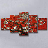 Red Style Almond Blossom By Vincent Van Gogh, Multi Panel Canvas Print Wall Art Decor, 5 Mixed Panel