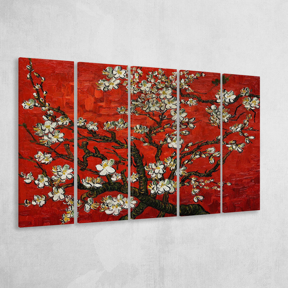 Red Style Almond Blossom By Vincent Van Gogh, Extra Large Multi 5 Panel Canvas Print Wall Art Decor