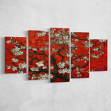 Red Style Almond Blossom By Vincent Van Gogh, Multi Panel Canvas Print Wall Art Decor, 5 Mixed Panel