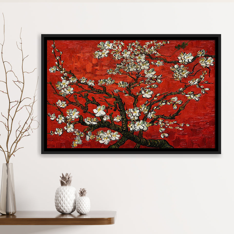 Red Style Almond Blossom By Vincent Van Gogh, Framed Canvas Print Wall Art Decor,Floating Frame