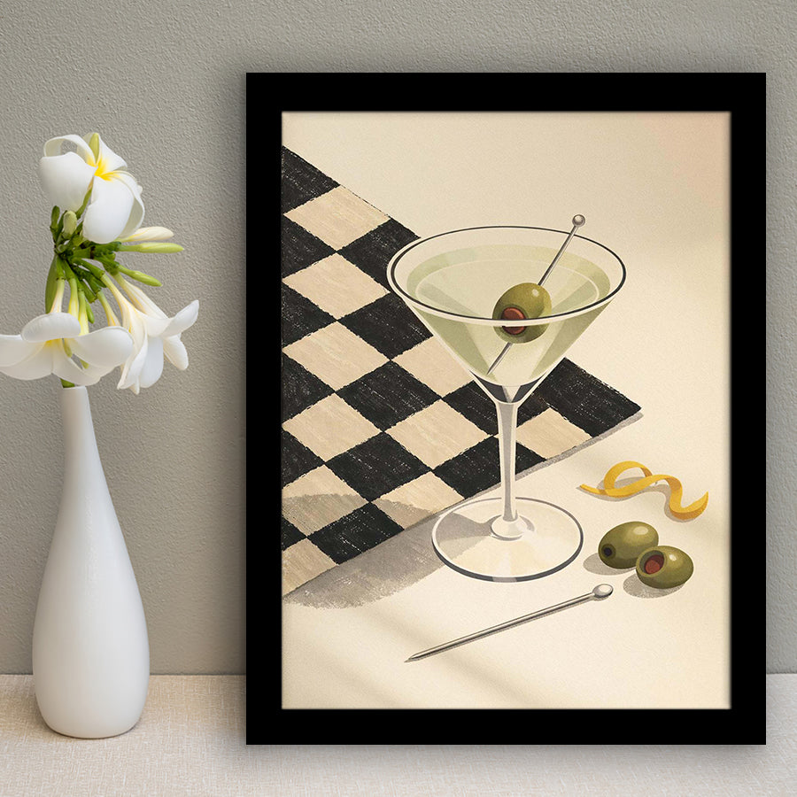 Retro Checkered Martini, Vintage Bar Wall Art With Olives & Checkerboard, Mid Century Modern, Framed Art Print, Fine Art Decor
