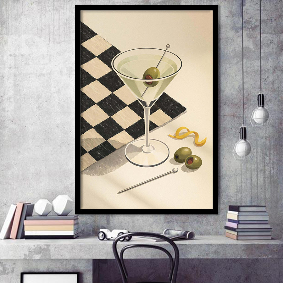 Retro Checkered Martini, Vintage Bar Wall Art With Olives & Checkerboard, Mid Century Modern, Framed Art Print, Fine Art Decor