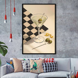 Retro Checkered Martini, Vintage Bar Wall Art With Olives & Checkerboard, Mid Century Modern, Framed Art Print, Fine Art Decor