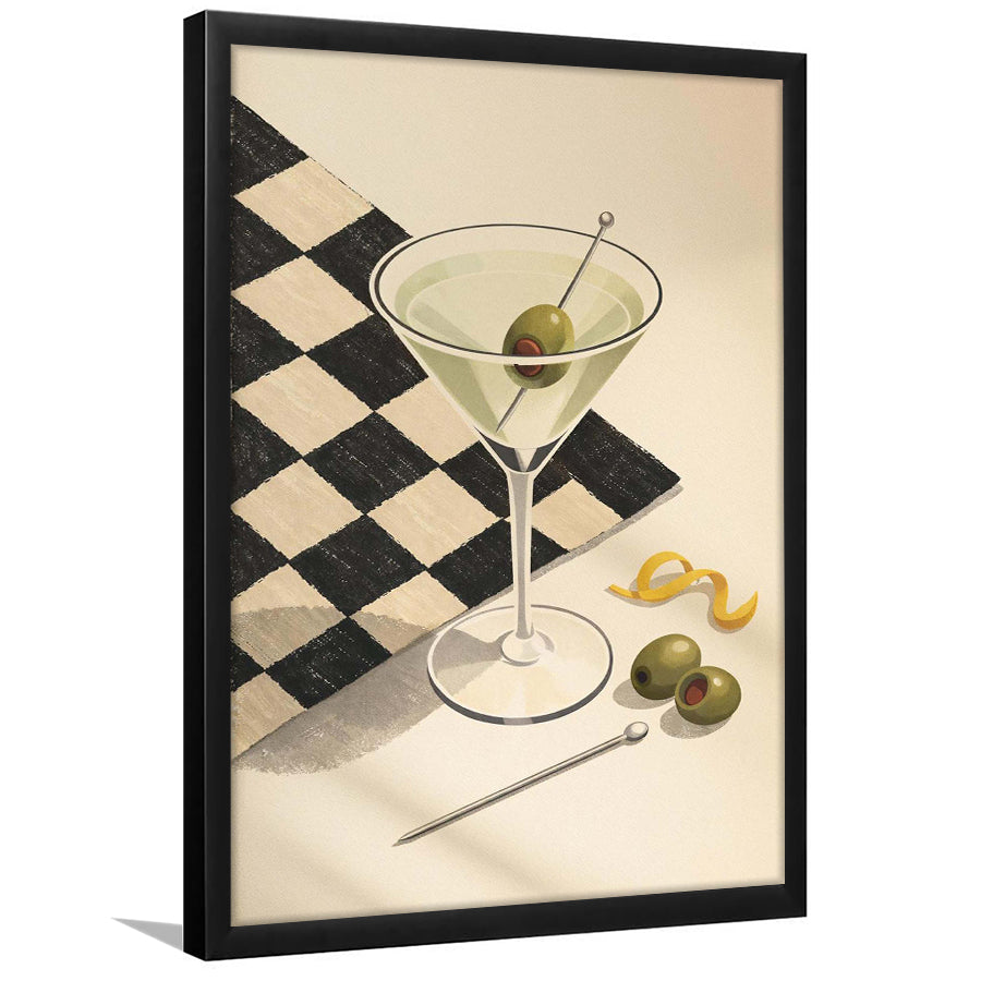 Retro Checkered Martini, Vintage Bar Wall Art With Olives & Checkerboard, Mid Century Modern, Framed Art Print, Fine Art Decor