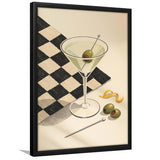 Retro Checkered Martini, Vintage Bar Wall Art With Olives & Checkerboard, Mid Century Modern, Framed Art Print, Fine Art Decor