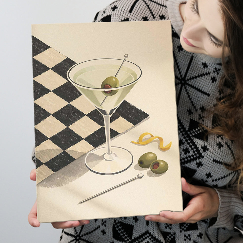Retro Checkered Martini, Vintage Bar Wall Art With Olives & Checkerboard, Mid Century Modern Drink, Canvas Print Wall Art