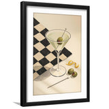 Retro Checkered Martini, Vintage Bar Wall Art With Olives & Checkerboard, Mid Century Modern Drink, Framed Art Print White Border