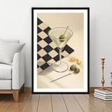Retro Checkered Martini, Vintage Bar Wall Art With Olives & Checkerboard, Mid Century Modern Drink, Framed Art Print White Border