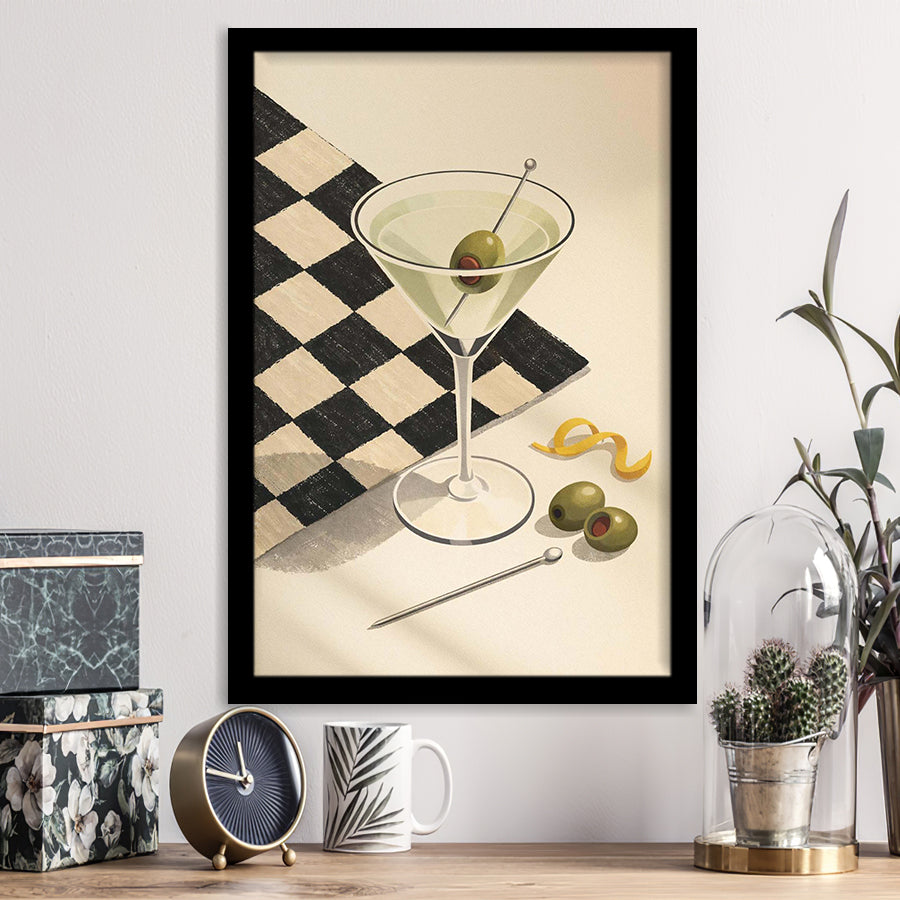 Retro Checkered Martini, Vintage Bar Wall Art With Olives & Checkerboard, Mid Century Modern, Framed Art Print, Fine Art Decor