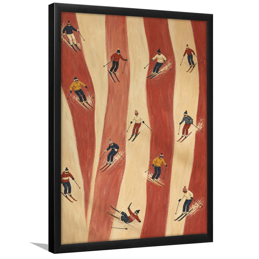 Retro Red Skiers, Tiny People Ski Wall Art, Preppy Winter Sports And Mountain Lodge Decor, Framed Art Print, Fine Art Wall Decor