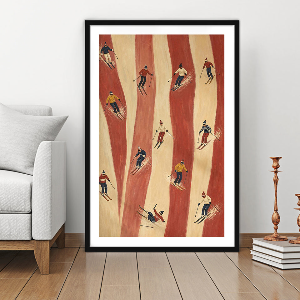 Retro Red Skiers, Tiny People Ski Wall Art, Preppy Winter Sports And Mountain Lodge Decor, Framed Art Print White Border