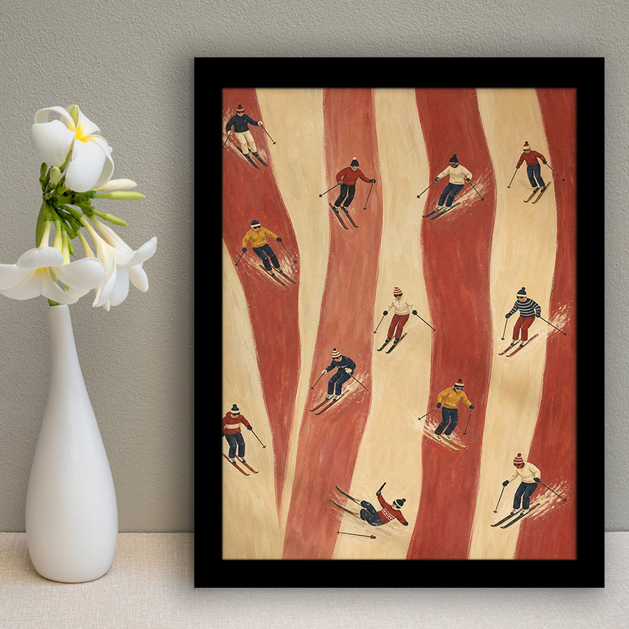 Retro Red Skiers, Tiny People Ski Wall Art, Preppy Winter Sports And Mountain Lodge Decor, Framed Art Print, Fine Art Wall Decor