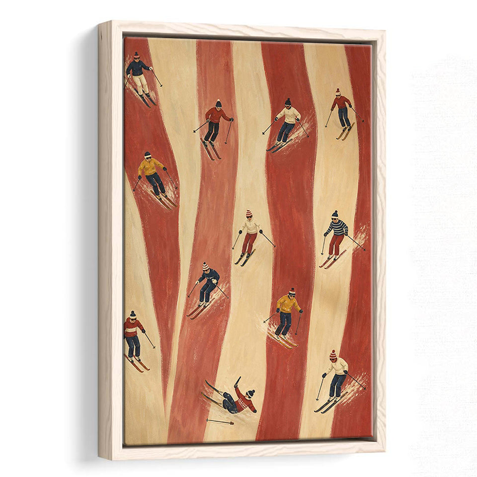Retro Red Skiers, Tiny People Ski Wall Art, Preppy Winter Sports And Mountain Lodge Decor, Framed Canvas Print, Floating Frame