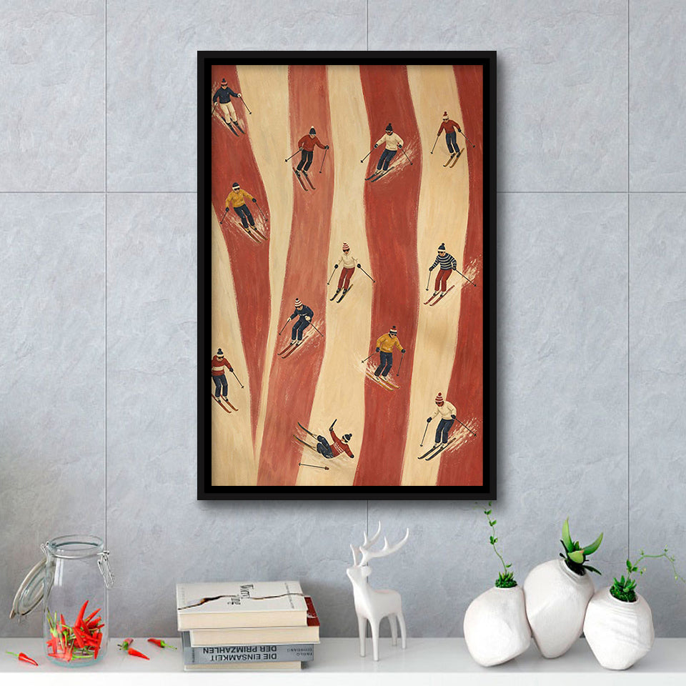 Retro Red Skiers, Tiny People Ski Wall Art, Preppy Winter Sports And Mountain Lodge Decor, Framed Canvas Print, Floating Frame