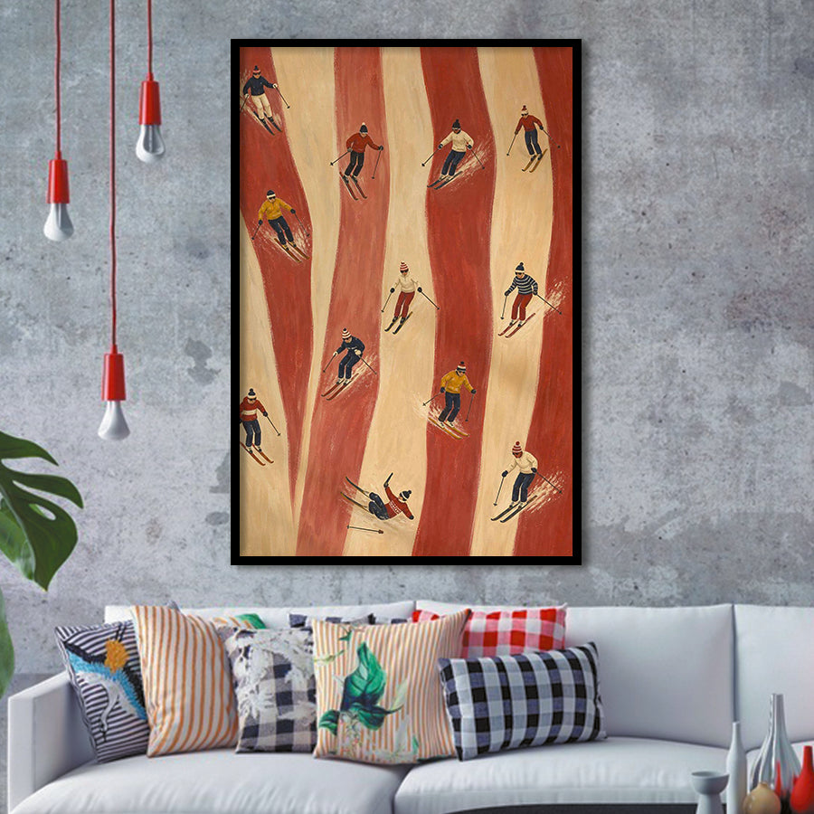 Retro Red Skiers, Tiny People Ski Wall Art, Preppy Winter Sports And Mountain Lodge Decor, Framed Art Print, Fine Art Wall Decor