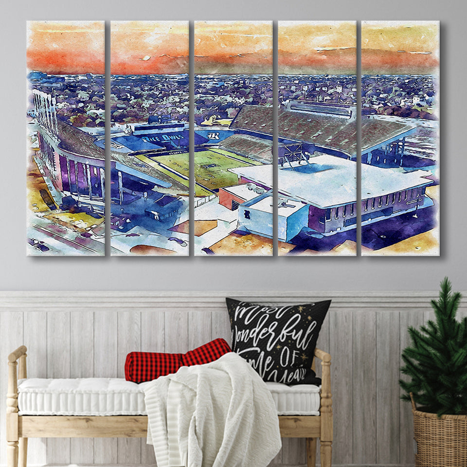 Rice Stadium WaterColor 5 Panels B Mixed Canvas Prints, Extra Large, Houston Texas Watercolor