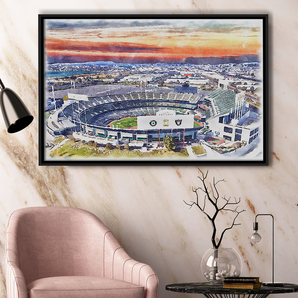 RingCentral Coliseum WaterColor Framed Canvas Prints, Oakland California Baseball Watercolor, Stadium Art Gifts