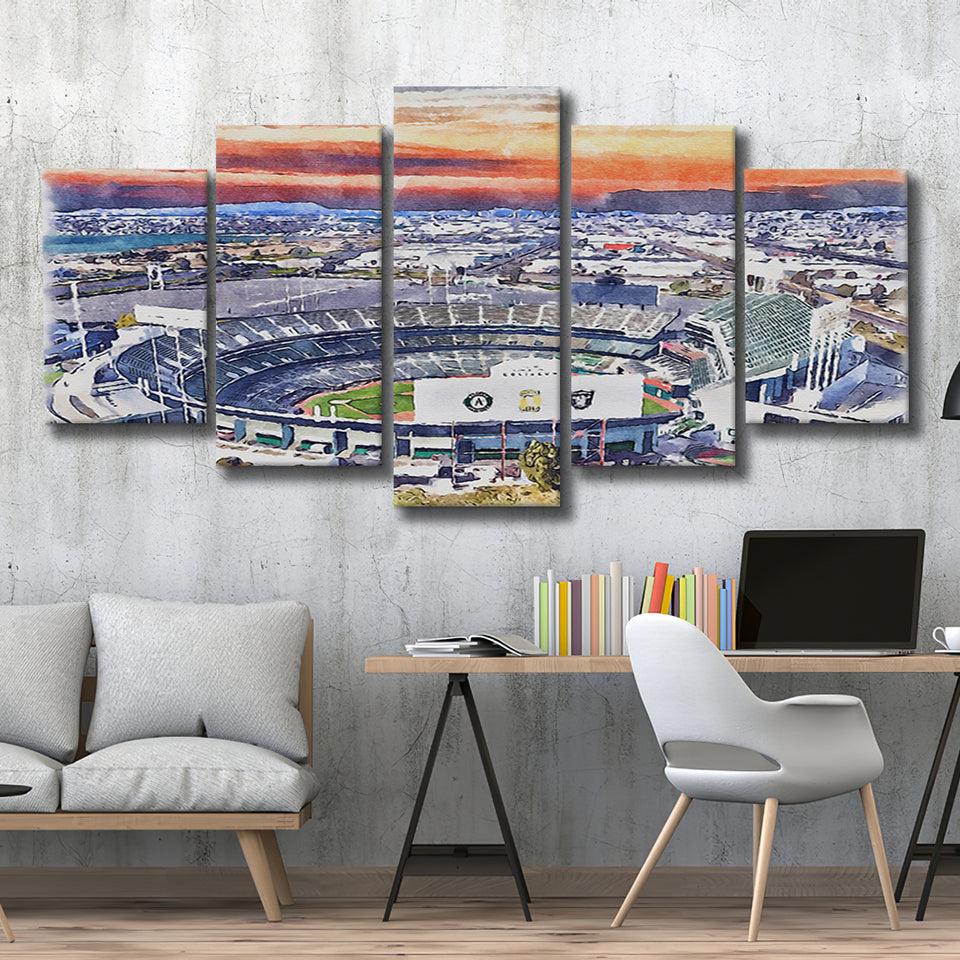 RingCentral Coliseum WaterColor 5 Panels Mix Canvas Prints, Oakland California Baseball Watercolor, Large Stadium Canvas