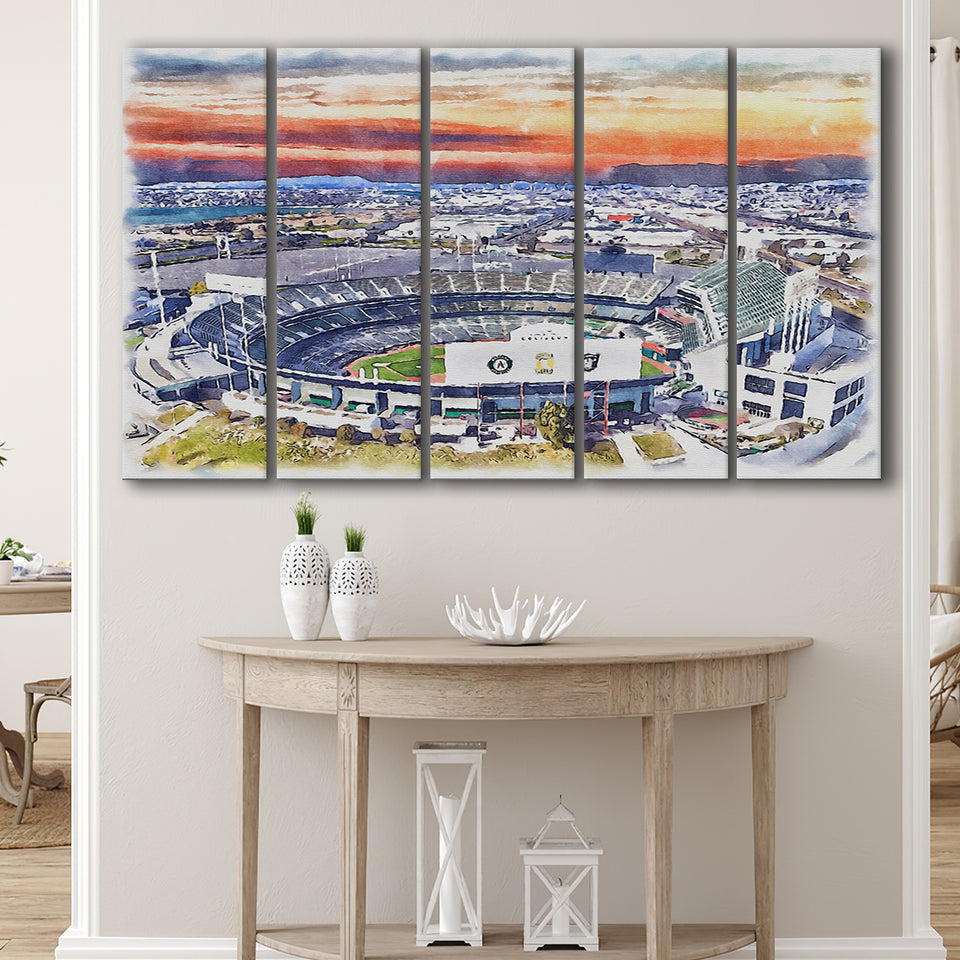 RingCentral Coliseum WaterColor 5 Panels B Mixed Canvas Prints, Extra Large, Oakland California Baseball Watercolor