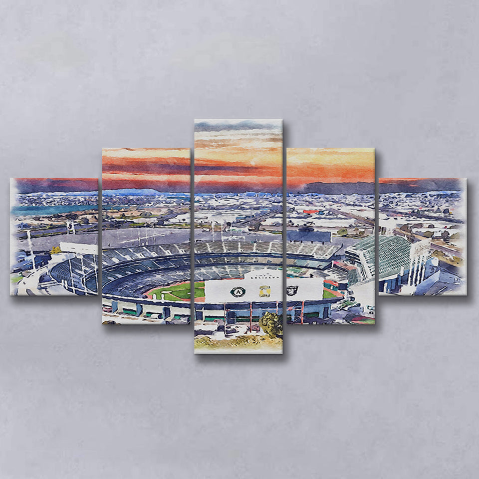 RingCentral Coliseum WaterColor 5 Panels Mix Canvas Prints, Oakland California Baseball Watercolor, Large Stadium Canvas