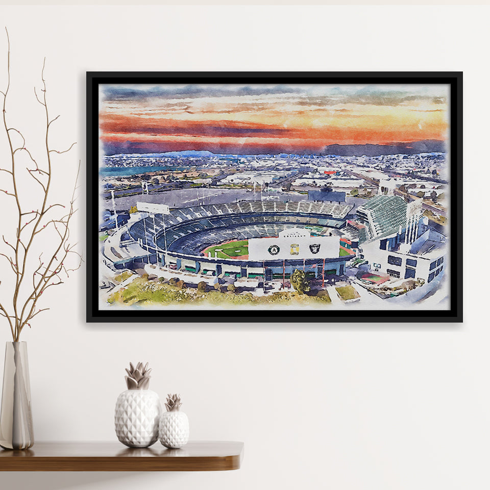 RingCentral Coliseum WaterColor Framed Canvas Prints, Oakland California Baseball Watercolor, Stadium Art Gifts