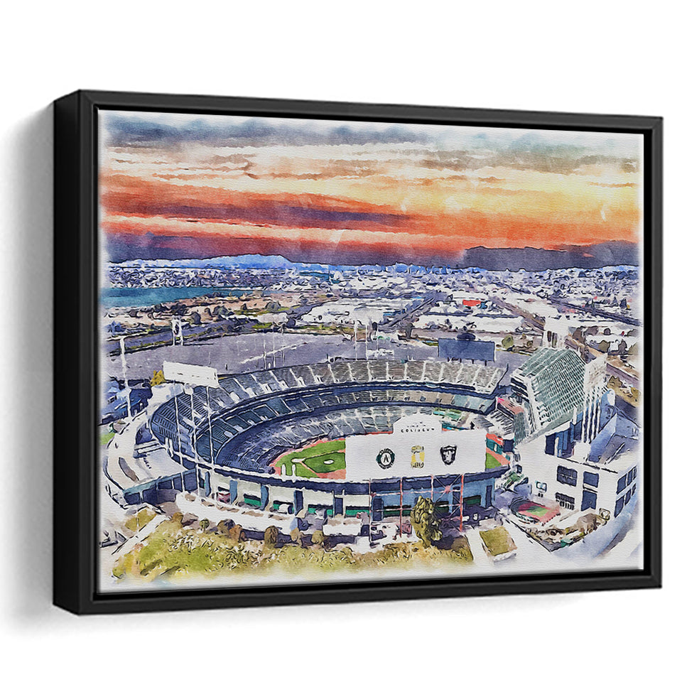 RingCentral Coliseum WaterColor Framed Canvas Prints, Oakland California Baseball Watercolor, Stadium Art Gifts