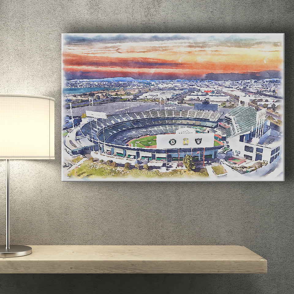 RingCentral Coliseum WaterColor Canvas Prints, Oakland California Baseball Watercolor, Stadium Art Gifts